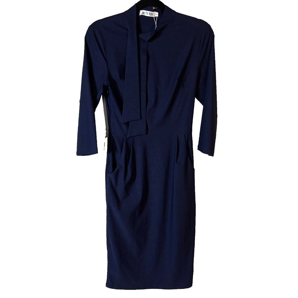 Blue Retro Sheath Pencil Dress Size Small Muxxn Tie Neck Mad Men Cocktails New